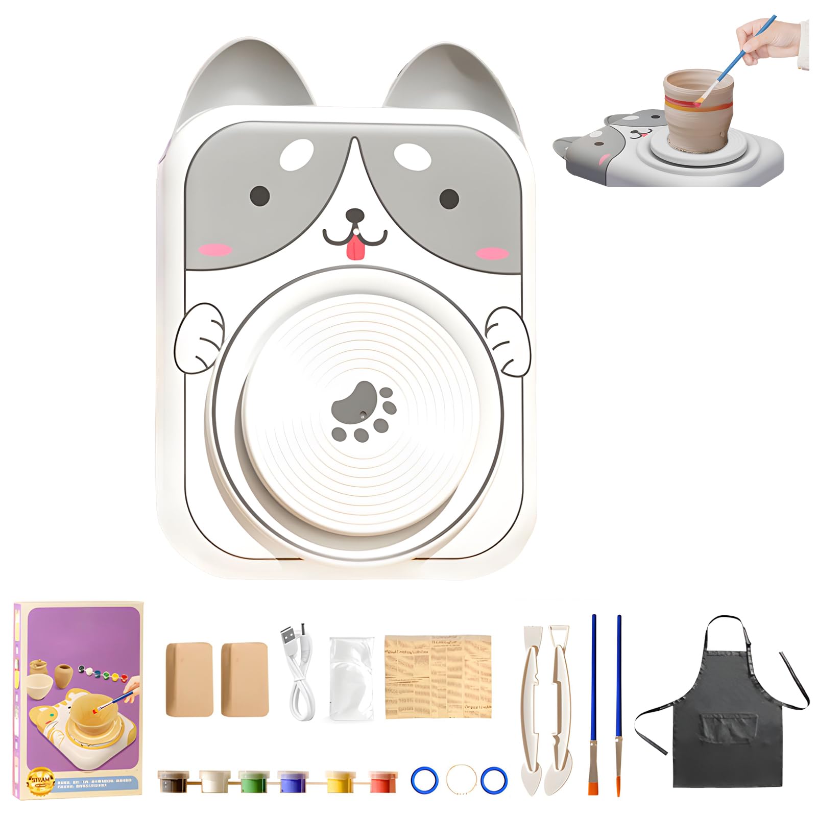 Juego de torno eléctrico para cerámica para niños, máquina de cerámica profesional con forma de animal, manualidades de cerámica para niños, perro con 2 piezas de arcilla