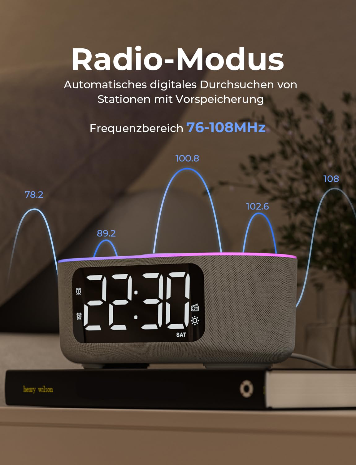 LIORQUE Digitaler Radiowecker mit Kabelloser Ladestation, Bluetooth Wecker mit Licht, 15W Fast Wireless Charger Qi, LED Display mit Auto Dimmer, 2 Wecker, Wochenendmodus, Schlafmusik