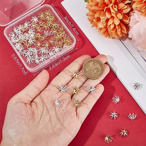 Beebeecraft 80Pcs 2 Colors Flower Bead Caps 24K Gold & 925 Sterling Silver Plated Filigree Bell Bead Cap Bails End Charm for Bracelet Necklace DIY Jewellery Making Crafts Supplies - Image 3