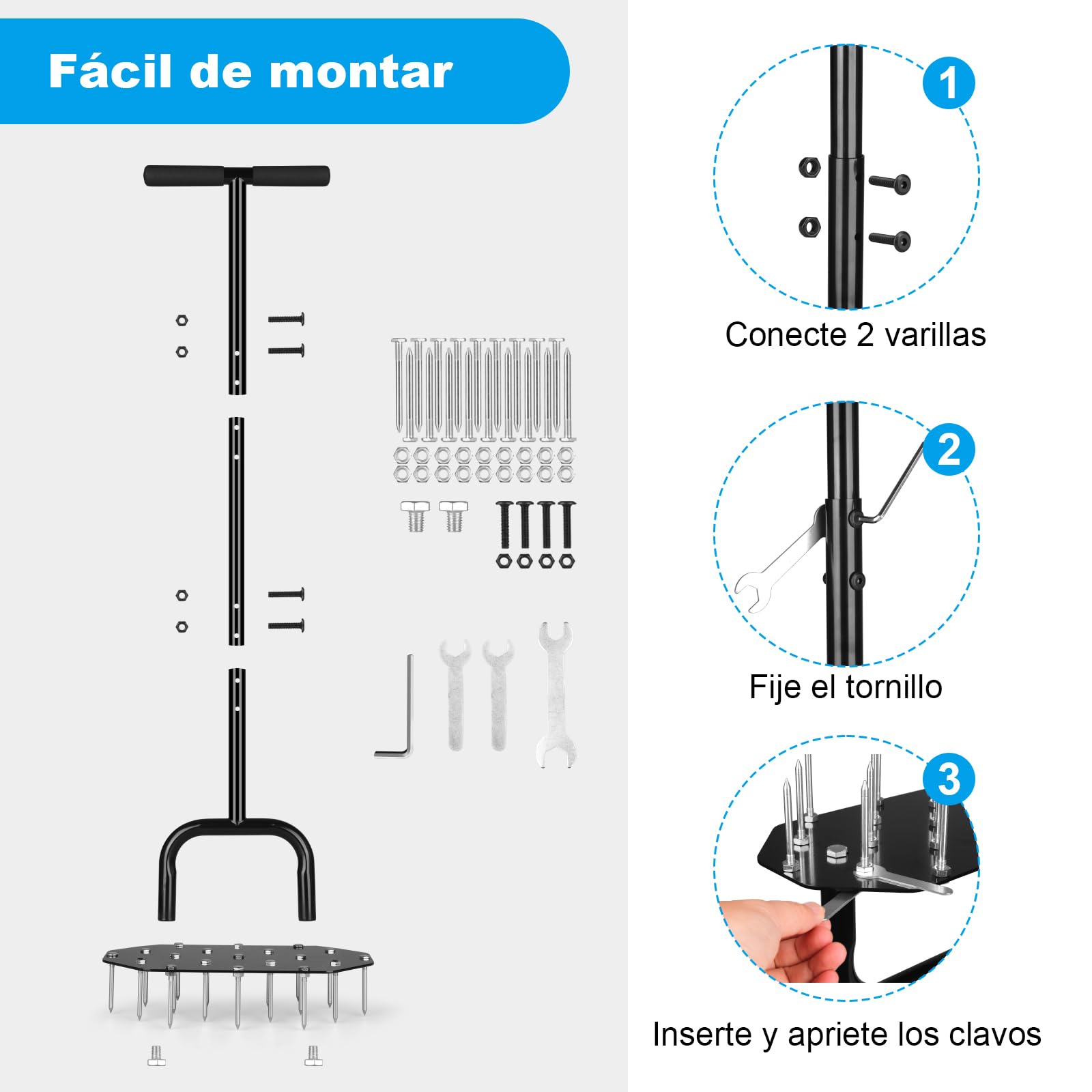 Aireador de Césped Manual - Aireador de Césped Resistente con 18 Picos Duraderas, Herramienta de Aireación de Césped Desmontable con Empuñadura en T y Placa de pie Ancha, Ideal para Patio, Jardín