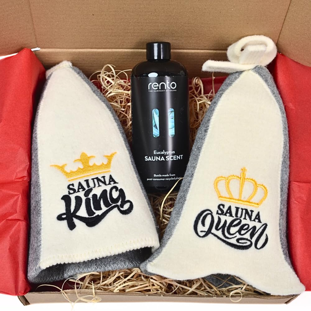 Sauna Geschenkset „Sauna King & Queen“ – 2x Saunahut aus 100% Wollfilz + Eukalyptus Saunaaufguss – Luxus Sauna Set für Zwei – Saunazubehör & Geschenkidee für Sauna Liebhaber, Wellness & Entspannung