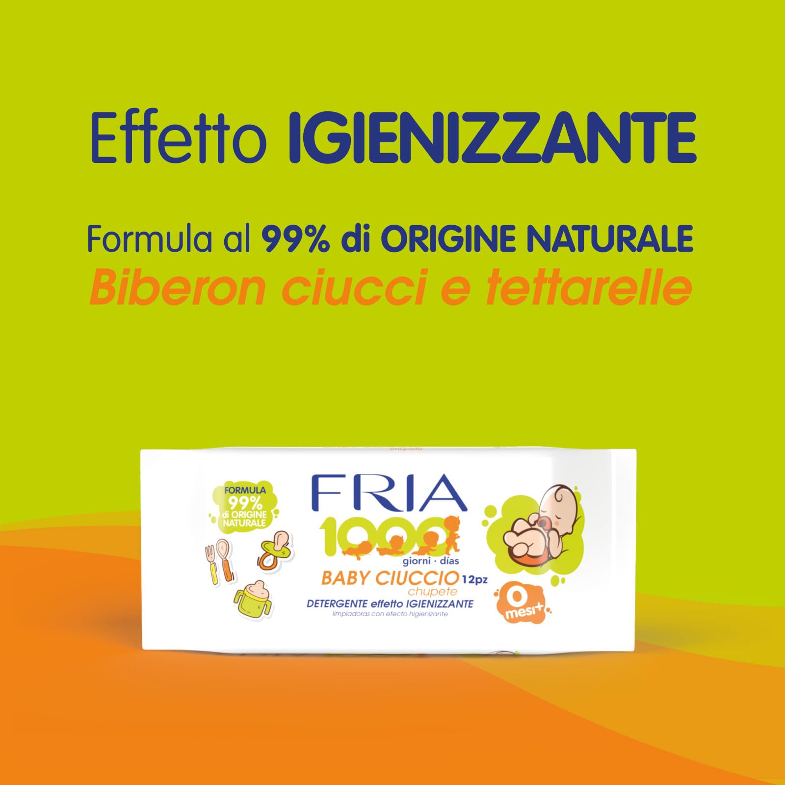 Fria Baby Ciuccio Salviette Pulisci Ciuccio Biberon Tettarelle Azione Igienizzante 99% Origine Naturale Confezione Borsa 12 Salviette