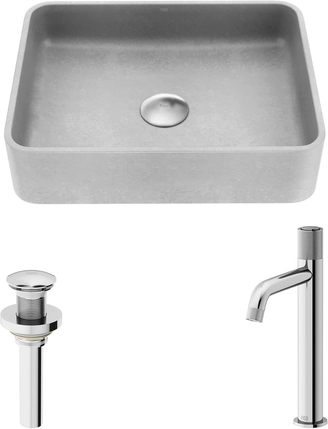 VIGO 16" L -12" W -12" H Apollo Concrete Rectangular Vessel Sink Set in White with Faucet and Drain -VGT2075