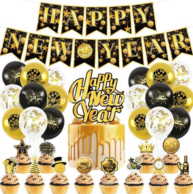 Losuya Black Golden 2026 Happy New Year Decorations 2026 Happy New Year Banner Balloons New Years Eve Party Cupcake Toppers for Home Holiday Party Supplies