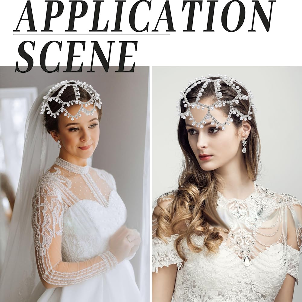 GORGECRAFT Diadema de Malla con Perlas Y Cadena para la Cabeza con Diamantes de Imitación Tocado de Perlas para Boda Estilo Bohemio de Aleación de Plata con Cristales Brillantes para Boda Graduación