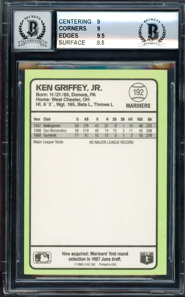 Ken Griffey Jr. Autographed 1989 Donruss Rookie Card #192 Mariners BGS 9 Auto Grade Gem Mint 10 Beckett BAS #14727814