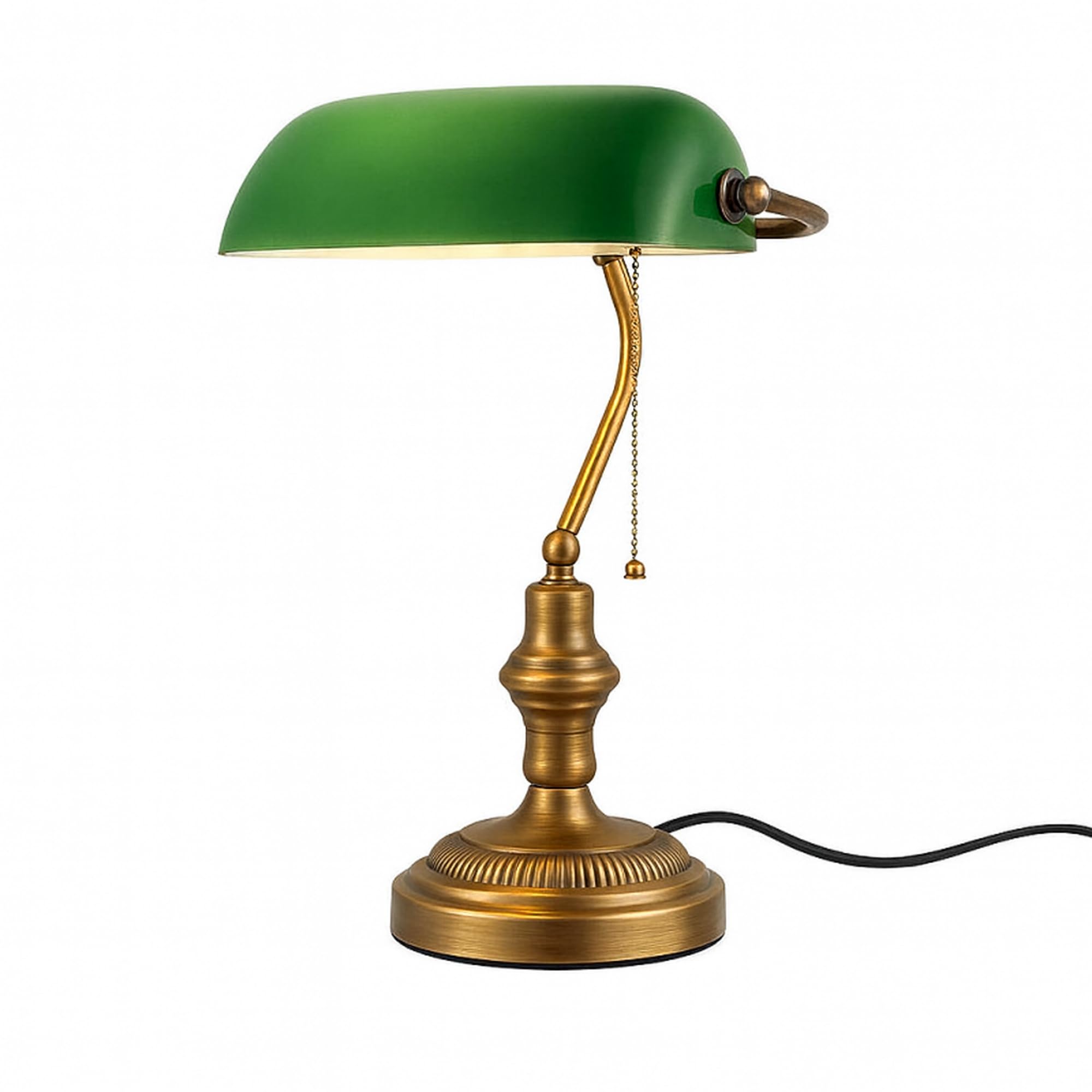 BARCELONA LED Lampe Banquier Vintage E27 Abat-Jour Verre Vert Orientable, Lampe Bureau Rétro Métal Laiton Vieilli Interrupteur Chaîne