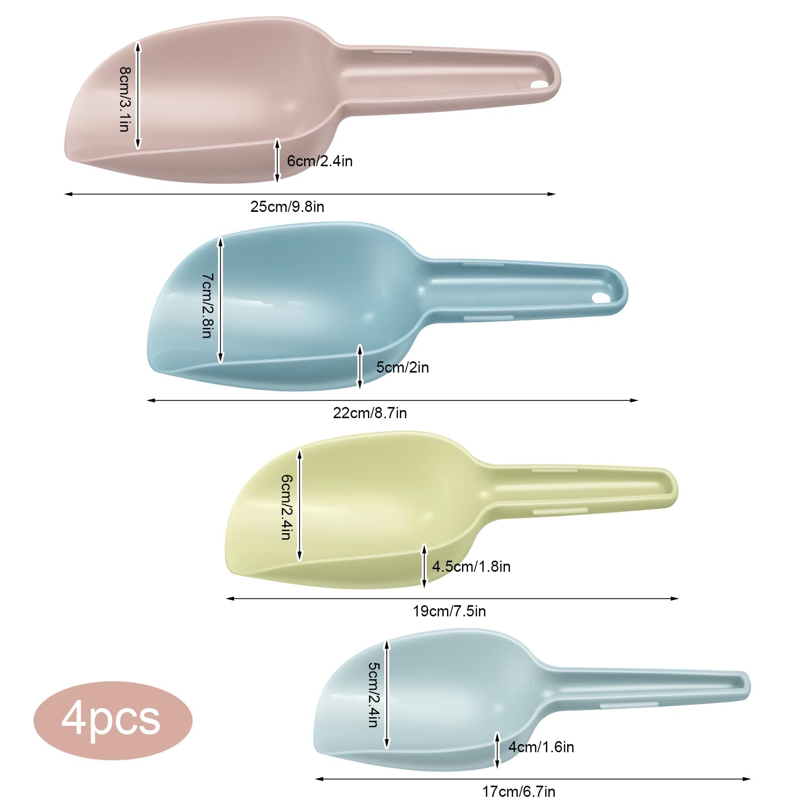 4 Stück Kunststoff Eisschaufel, 4 Größen Mehlschaufel Popcornschaufel Abwiegeschaufel Lebensmittelschaufel für Küchen Bars Buffets Partys, 50/100/150/250ml
