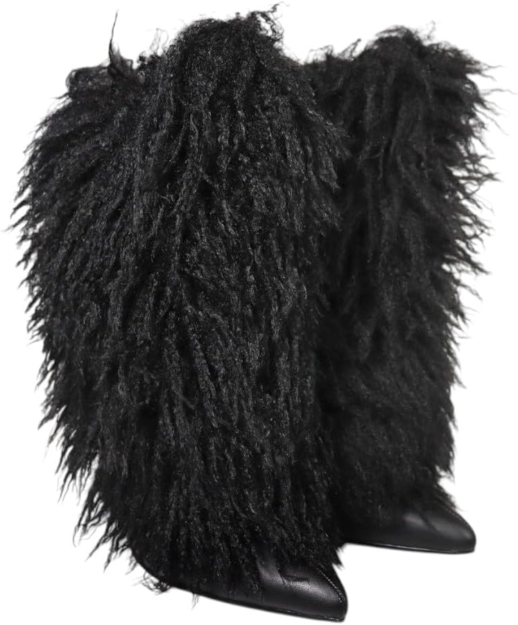 Women Mid Calf Faux Fur Chunky Block Heel Ankle Boots With Full Side Zipper