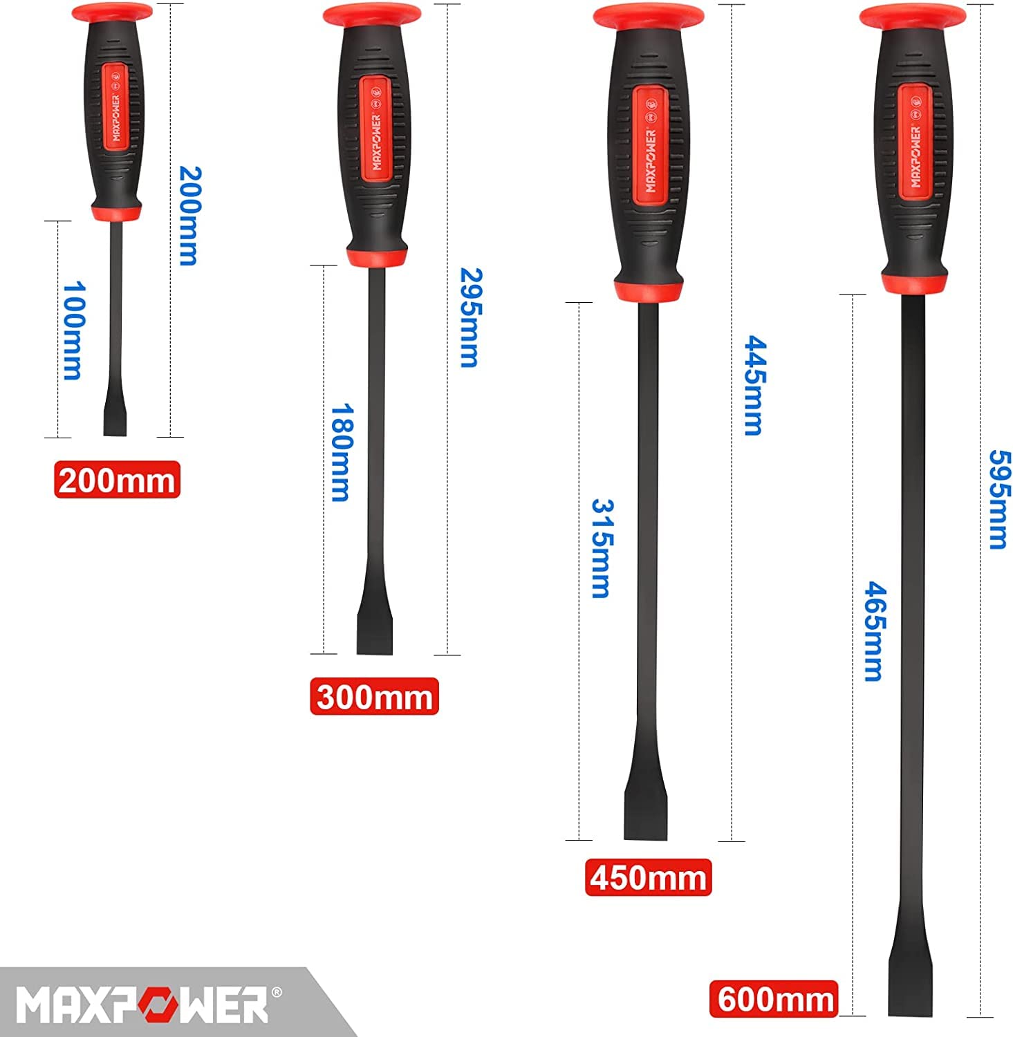 MaxPower Jeu de Leviers de Pneu 4 Pièces 200mm jusqu'à 595mm – Leviers Coudés avec Poignée, Outils de Montage/Démontage pour Vélo, Moto & Pneu