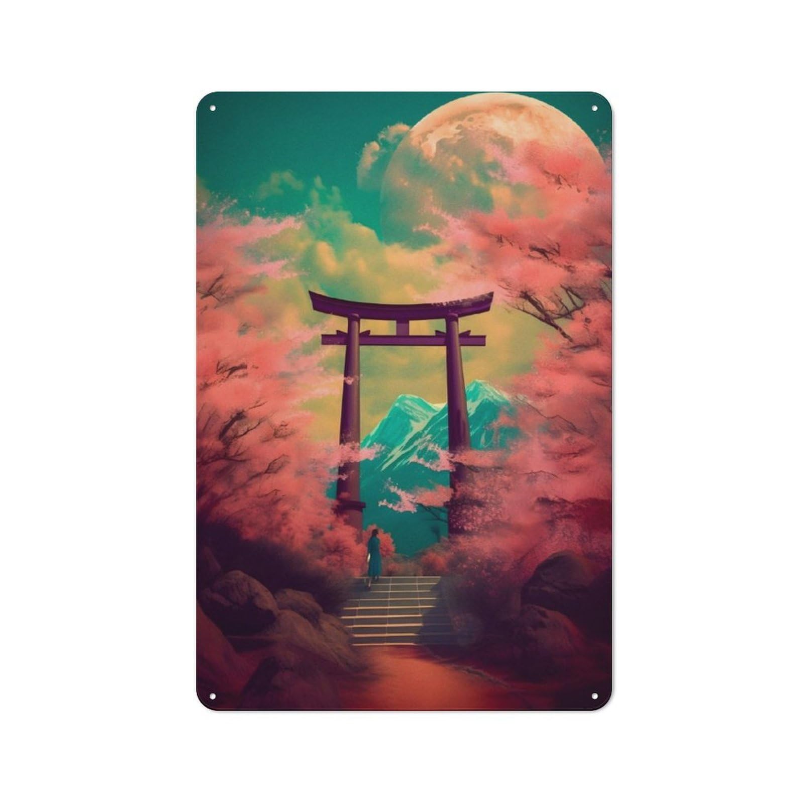 Classic Kitchen Metal Sign 30x20cm Featuring Torii Gate And Spring, Cafe Wall Decor for Restaurant, Kitchen, Counter Or Breakfast Nook