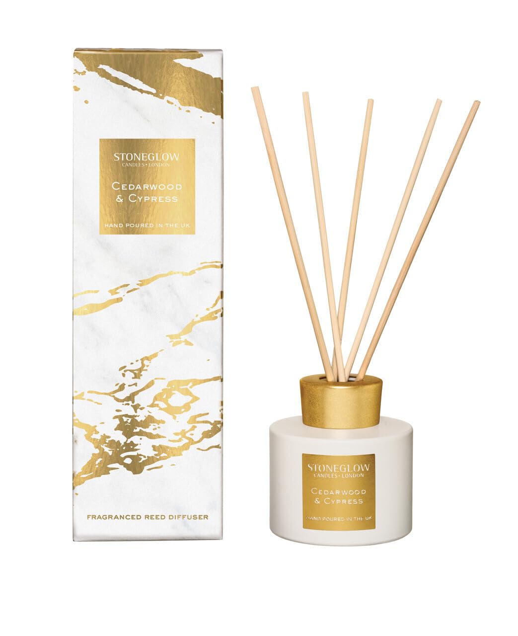 Stoneglow Luna Collection Cedarwood & Cypress Scented Reed Diffuser 120ml – Herbal Fennel, Sage, Eucalyptus & Lavender Scents, Lasts 10 Weeks, 10 Rattan Reed Diffuser Sticks, Refillable Home Fragrance