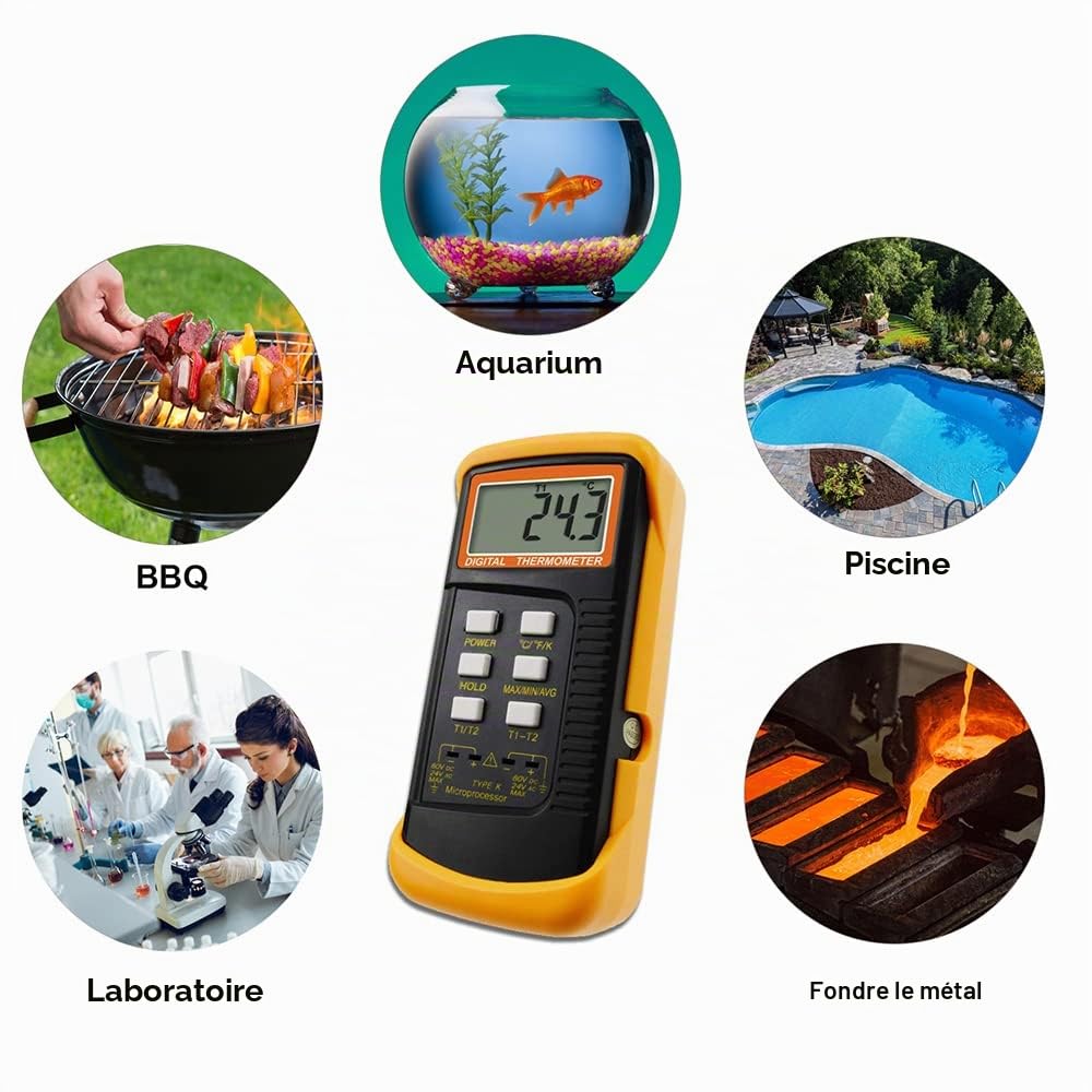 Mengshen Thermomètre Numérique De Type K 2 Canaux Avec Capteur De Sonde | 4 Thermocouples -50~1370 ° C (-58~2498 ° F) ° C ° F Mesure De Température Portative Commutable à L'échelle Kelvin