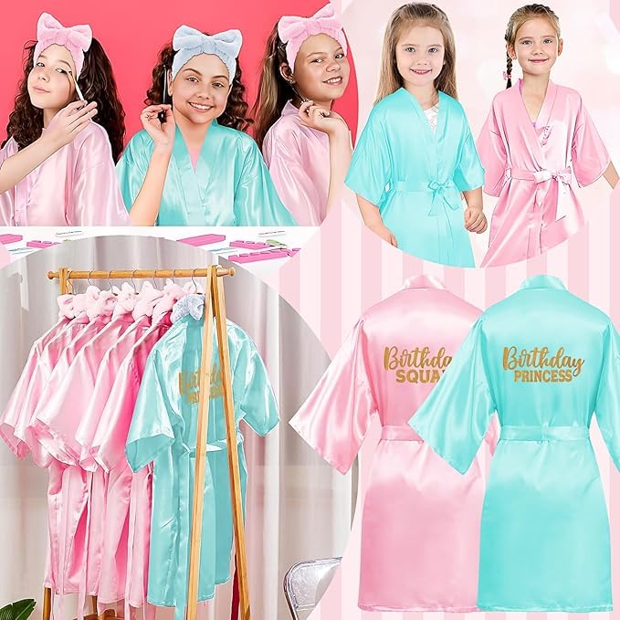 Malloom Lot de 6 peignoirs de spa pour filles, 6 peignoirs, 6 sacs fourre-tout, 6 masques pour les yeux, 6 bandeaux, peignoirs d'anniversaire pour mariage, fleurs et enfants