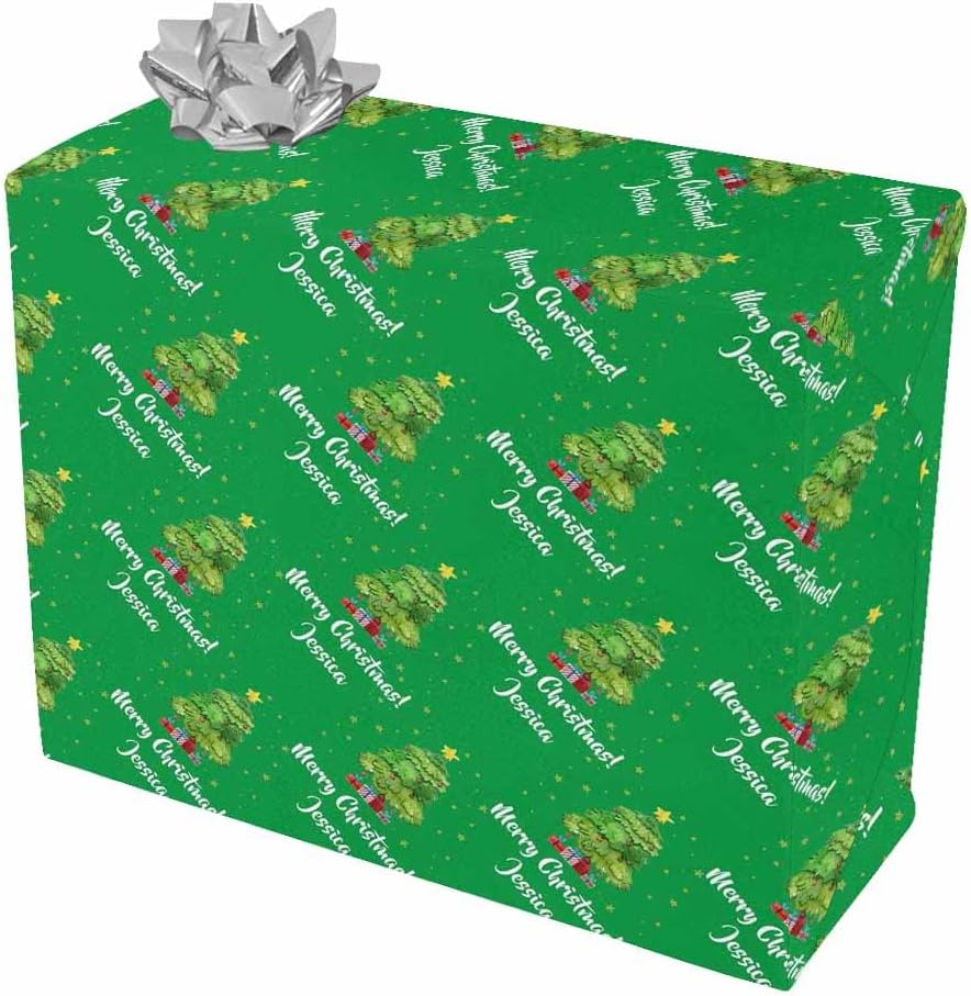 MyPupSocks Customized Add Your Name Merry Christmas Tree Green Reversible Kids Birthday Wrapping Paper Present Gift Wrap Paper for Boys, Girls, Men, Women, All Occasion 5 Rolls 58x23 inch