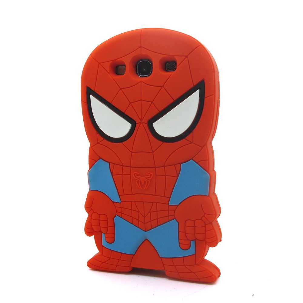 3D Cartoon Super Hero Red Spiderman Soft Silicone Case Skin Protective Cover for Samsung Galaxy S3 SIII i9300 with Batman style back pin 2.3 inch badge