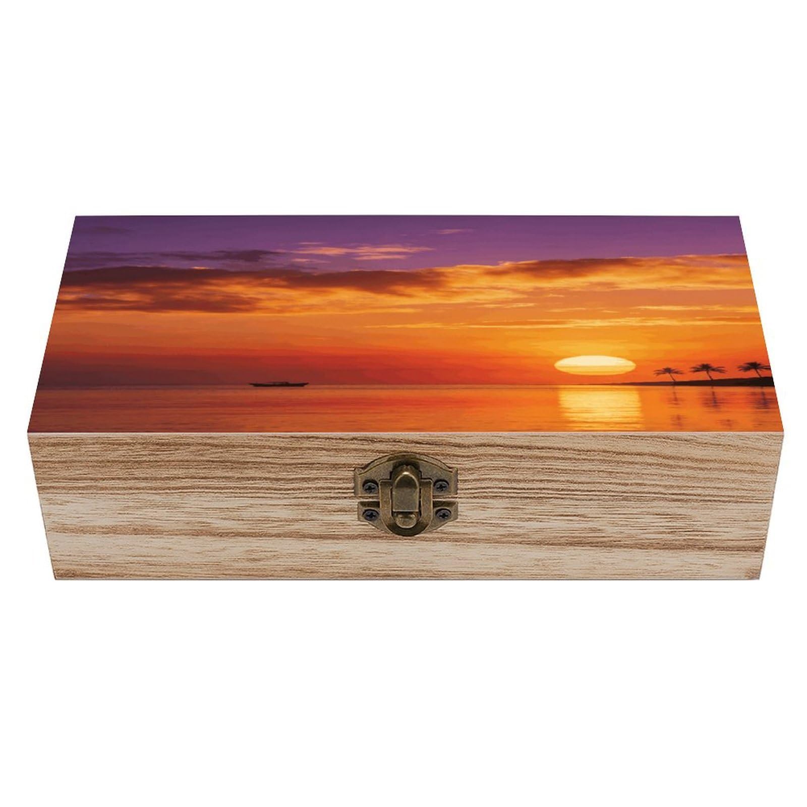 LZQPOEAS Boat Returning Under Coconut Trees Wooden Keepsake Box Wooden Storage Box Container with Hinged Lid Beautiful Wood Memory Box Decorative Jewelry Case for Crafts Art Hobbies & Trinket Storage