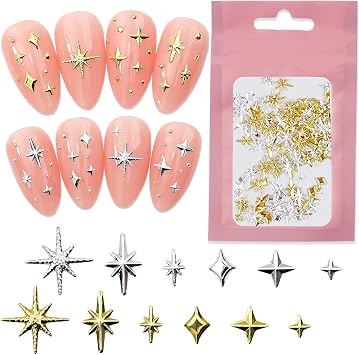 Gold Silver Star Nail Charms for Nails Design Metal Stars Nail Art Charms Mix Size Shape Nail Studs Stars Nail Charm 3D Star Charms Nail Decor Nail Jewels for Nail Art Supplies Nails Accessories