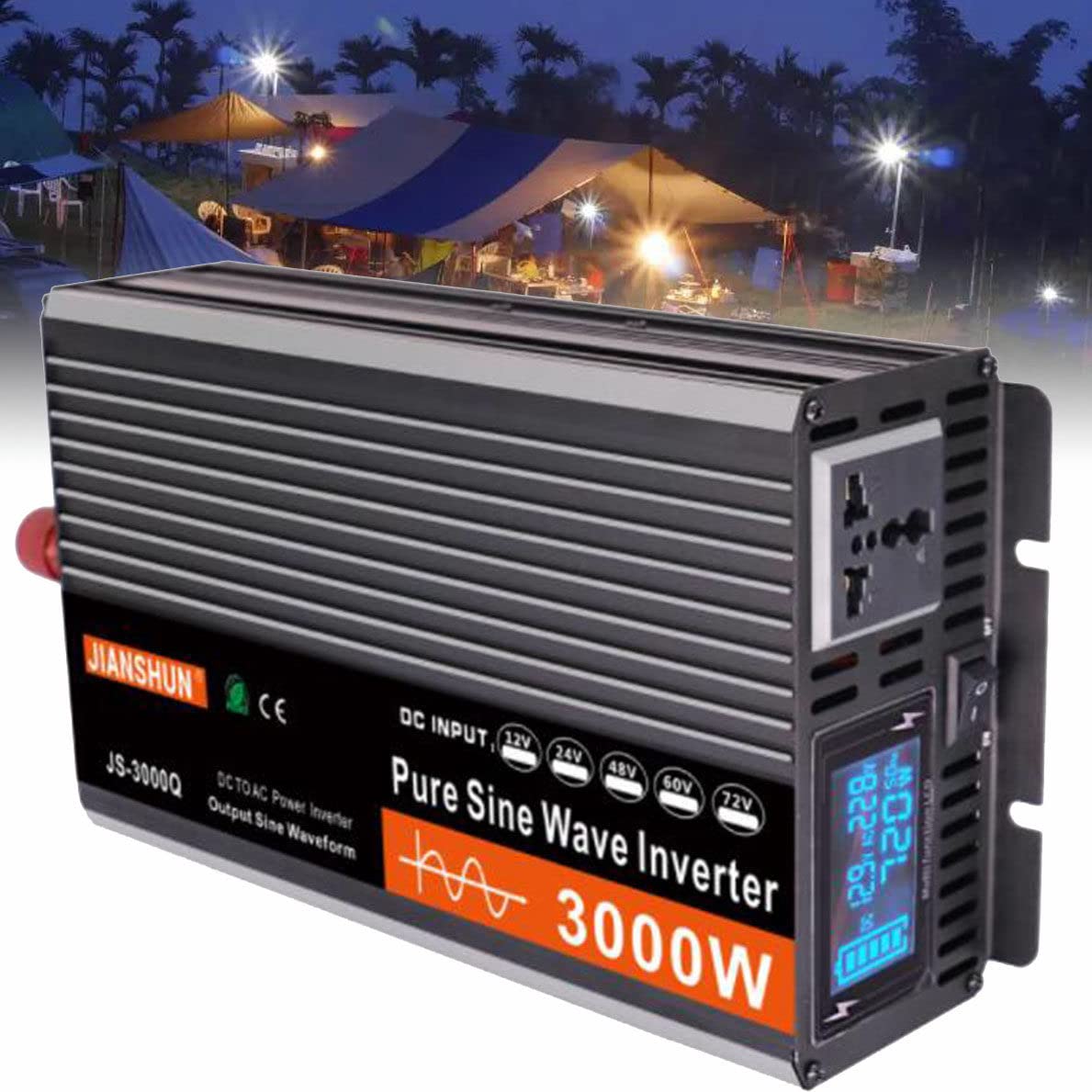 Convertisseur Pur Sinus 3000W 4000W 5000W 6000W Onduleur, Transformateur, 12V 24V 48V 60V vers 220V 230V, 2 Prises AC et Affichage à LED,3000W-48V