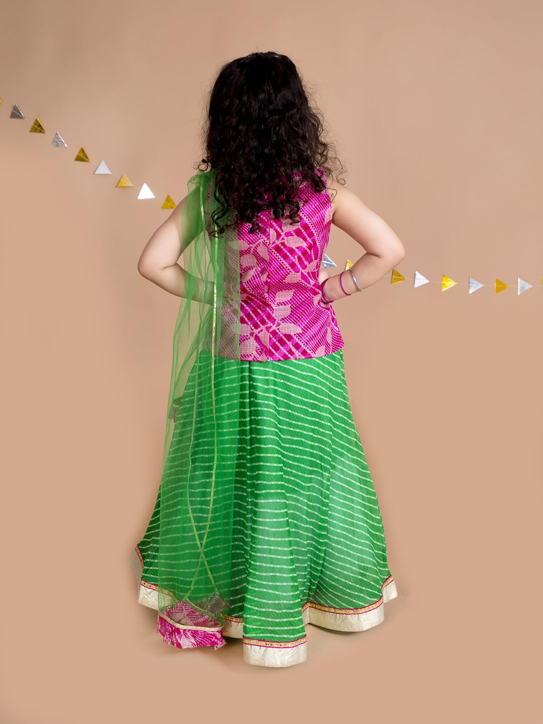 Pspeaches Lehenga bluzka z dupattą dla dziewczynek, zielona/różowa, gotowa do użycia