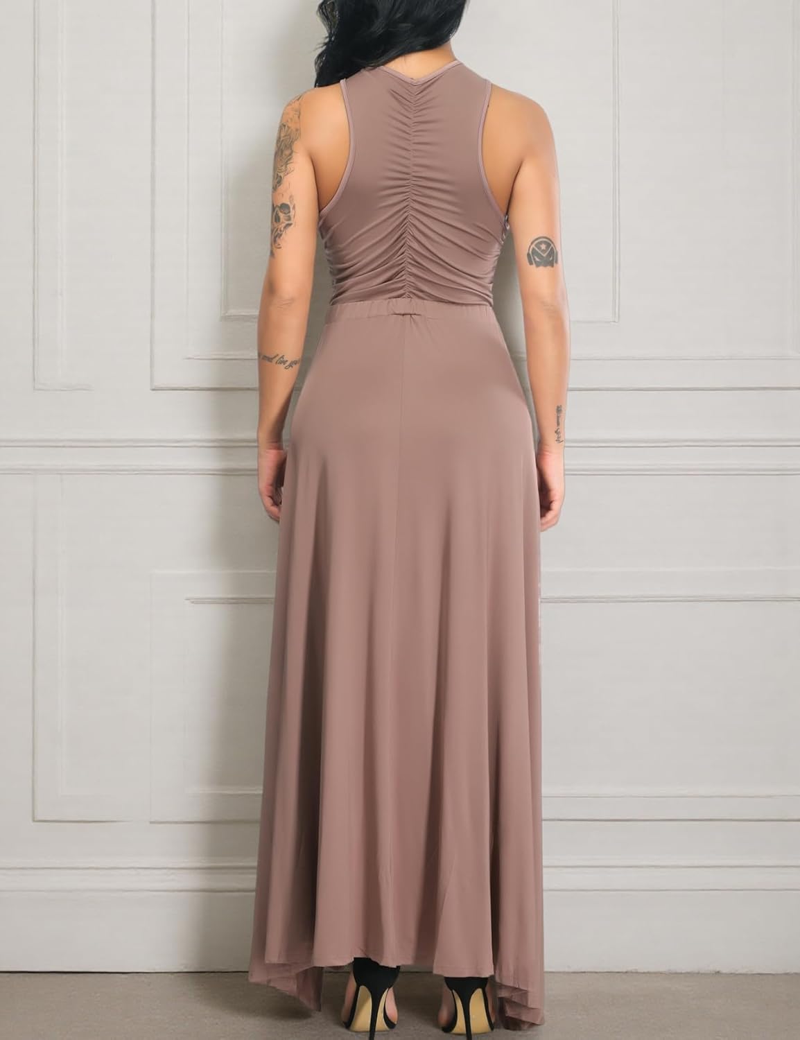 Velius Women Sexy Hollow Out Halter Wrap Sleeveless Plain Pleated Slit Casual Long Maxi Dress - Image 3