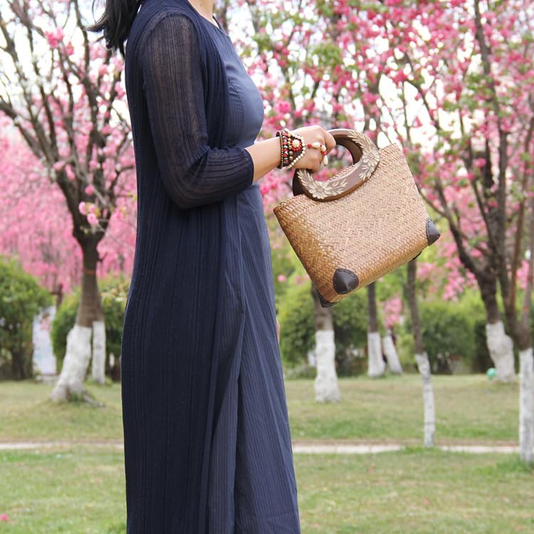 Beach Straw Bag for Women - Handmade Rattan Summer Tote With Flowers Engraving Wooden Handle, Boho Retro Woven Handbag for Vacation Travel Daily - Image 7