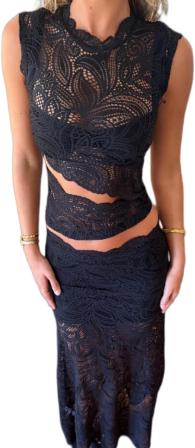 Women 2 Piece Outfits Sleevless Hollow Out Lace Crop Top and Sheer Maxi Skirt Set Party Sexy 2 Piece Outfits