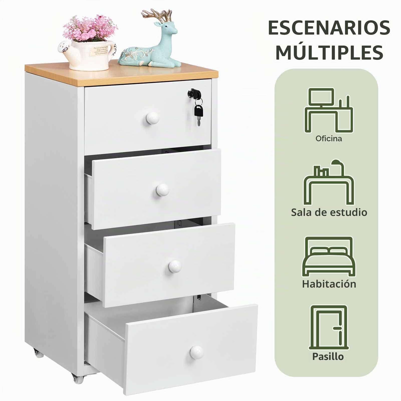 HollyHOME Archivadores Móviles, Archivador de 4 Cajones con Cerradura, Armario de Almacenamiento de Metal Bajo el Escritorio con Ruedas para Oficina en Casa Tamaño A4 Carta, Blanco