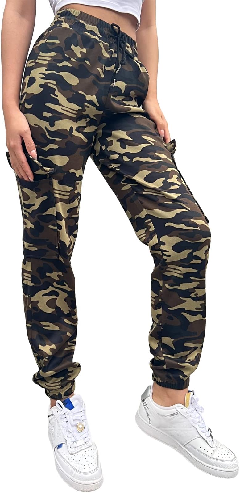 Harem Women's Camouflage Sweatpants Elastic High Waist Drawstring Side Ankle Pockets Petite Cargo Joggers Lightweight Sports Jogging Pants