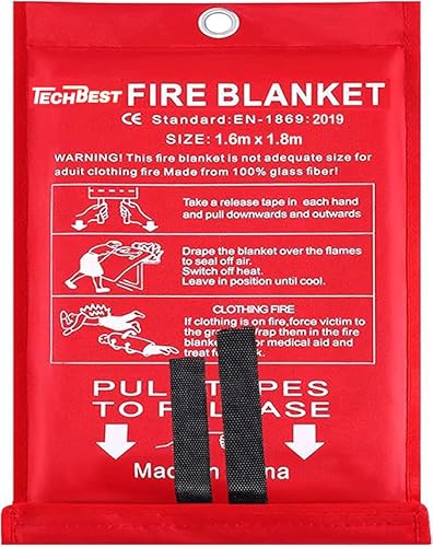 TechBest Löschdecke Küche Feuerlöschdecke - 160 x 180 Glasfaser. DIN EN 1869:2019. Brandschutzdecke für Fettfeuer in Auto, Schule, Kamin, Grill, Büro, Garage, Schweißen, Lager. 1-Packung.