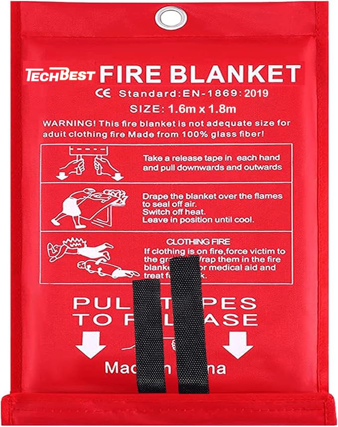 TechBest Löschdecke Küche Feuerlöschdecke - 160 x 180 Glasfaser. DIN EN 1869:2019. Brandschutzdecke für Fettfeuer in Auto, Schule, Kamin, Grill, Büro, Garage, Schweißen, Lager. 1-Packung.