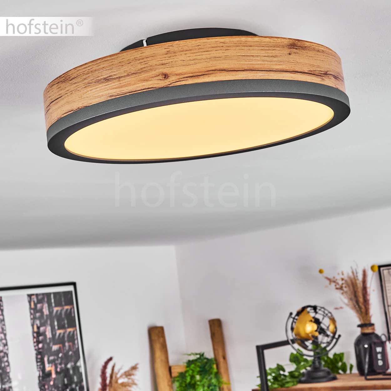 HOFSTEIN LED Deckenleuchte Salmi, Deckenpanel aus Metall/MDF/Kunststoff in Anthrazit/Holzoptik/Weiß, Leuchte im flachen Design, Ø 30 cm, 12 Watt, 950 Lumen, 3000 Kelvin, Esszimmer, Küche, Schlafzimmer