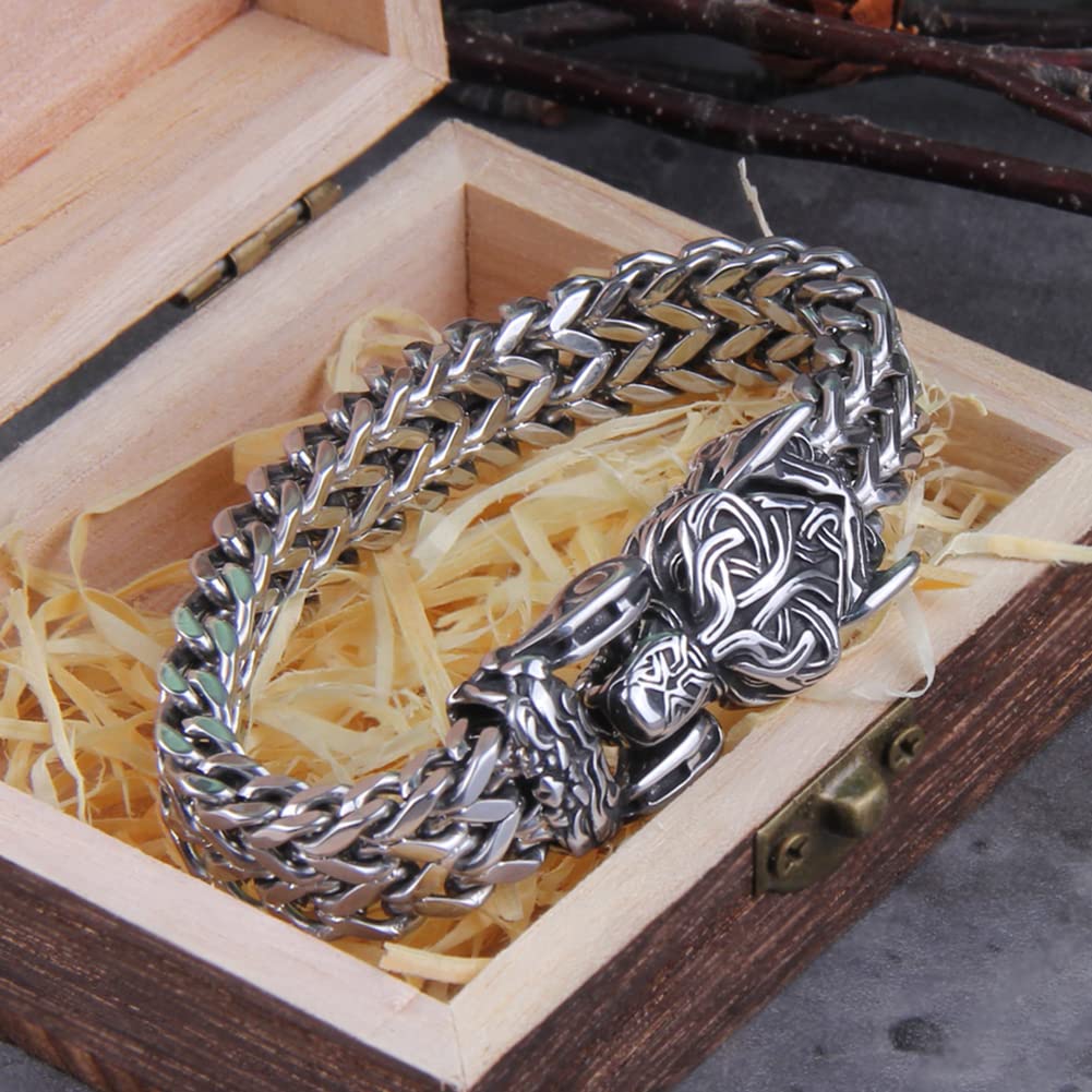 SeriredMen Viking Double Wolf Head Odin Bracelet, Handmade Mesh Braided Punk Biker Cuff Bangle, Celtic Pagan Heavy Stainless Steel Jewelry