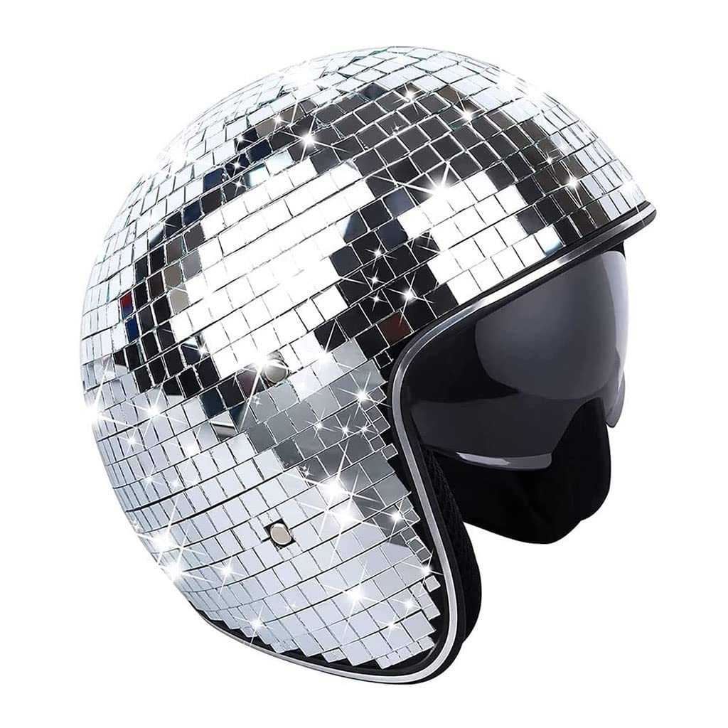 Fashion Disco Ball Helmet for Men Women 3/4 Retro Motorcycle Glitter Mirror Glass Ball Half Helmet with Retractable Visor Stage Bar Party Wedding Art Decorations Helmet DOT Approved-A|57-62CM : Automotive