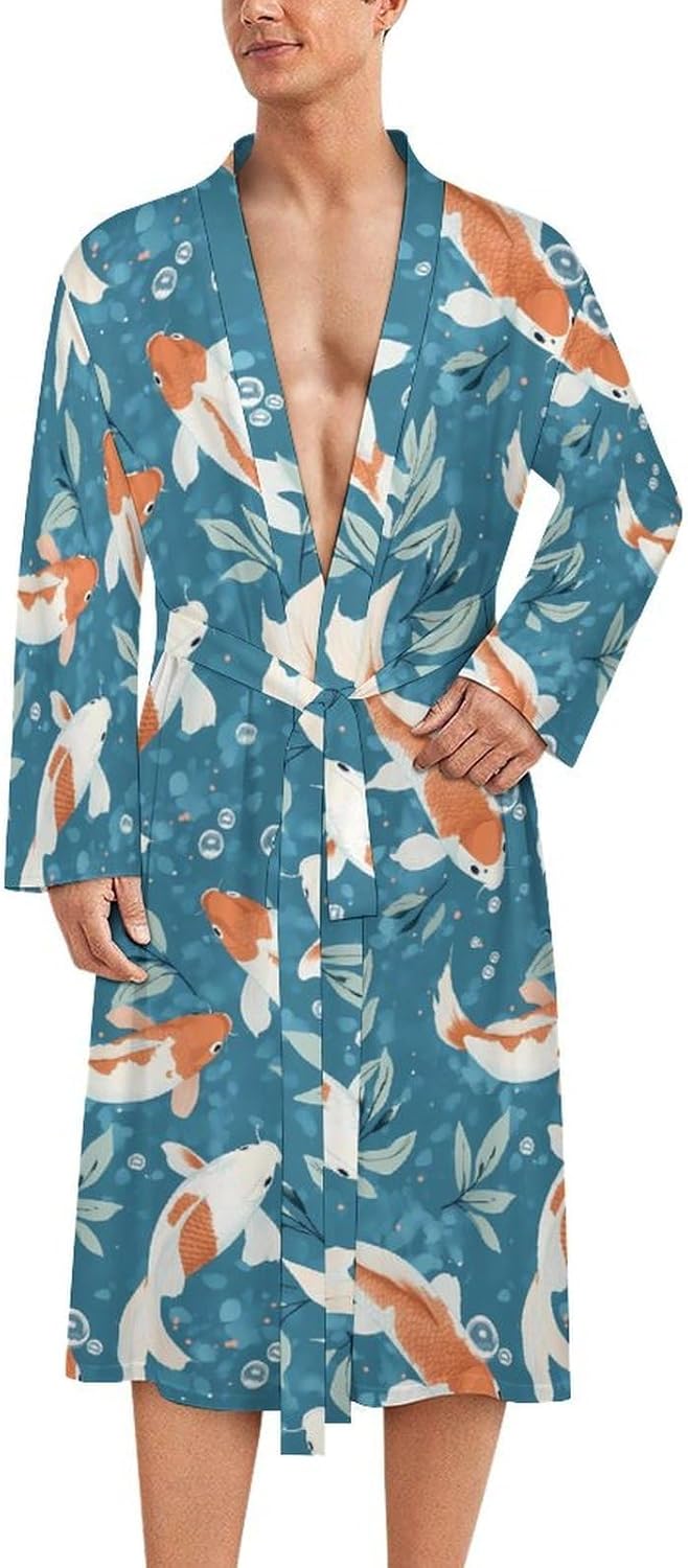 Japanese Fish Men's Robe Soft Bathrobe V Neck Loungewear Sleepwear Nightgown Dressing Gown