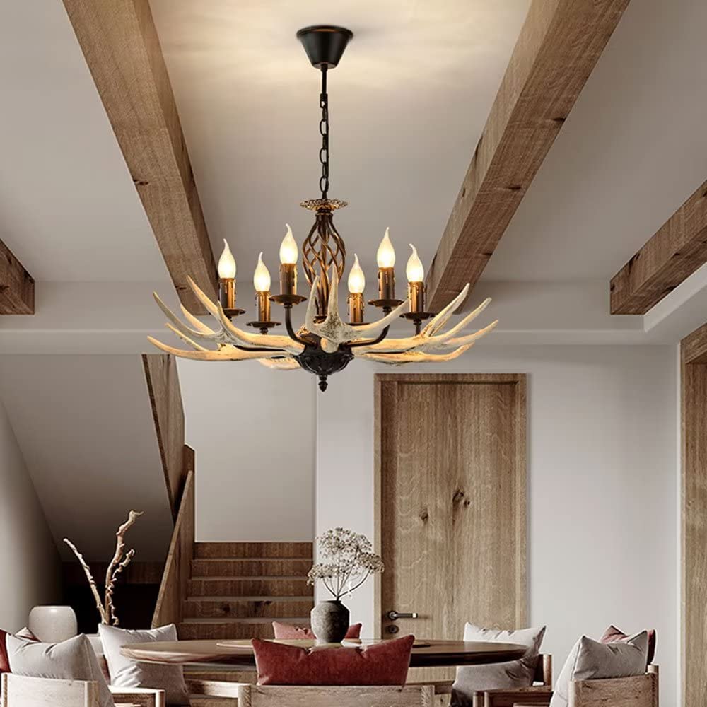 Amerykański styl retro industrialny, żyrandol z poroża, jadalnia, salon, bar, kawiarnia, ręcznie malowane lampy z poroża, 6 świateł, wygodna rocznica