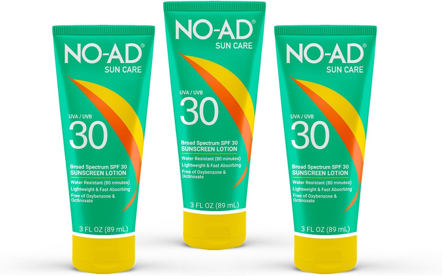 NO-AD SPF 30 Sunscreen Lotion | Broad Spectrum UVA/UVB Protection | Water Resistant | Octinoxate & Oxybenzone Free with moisturizing Vitamin E and Aloe 3oz | Pack of 3