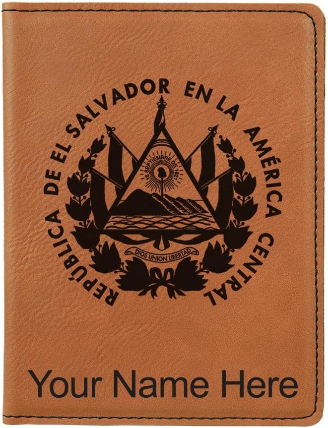 LaserGram Faux Leather Passport Holder, Flag of El Salvador, Personalized Engraving Included (Black with Gold)