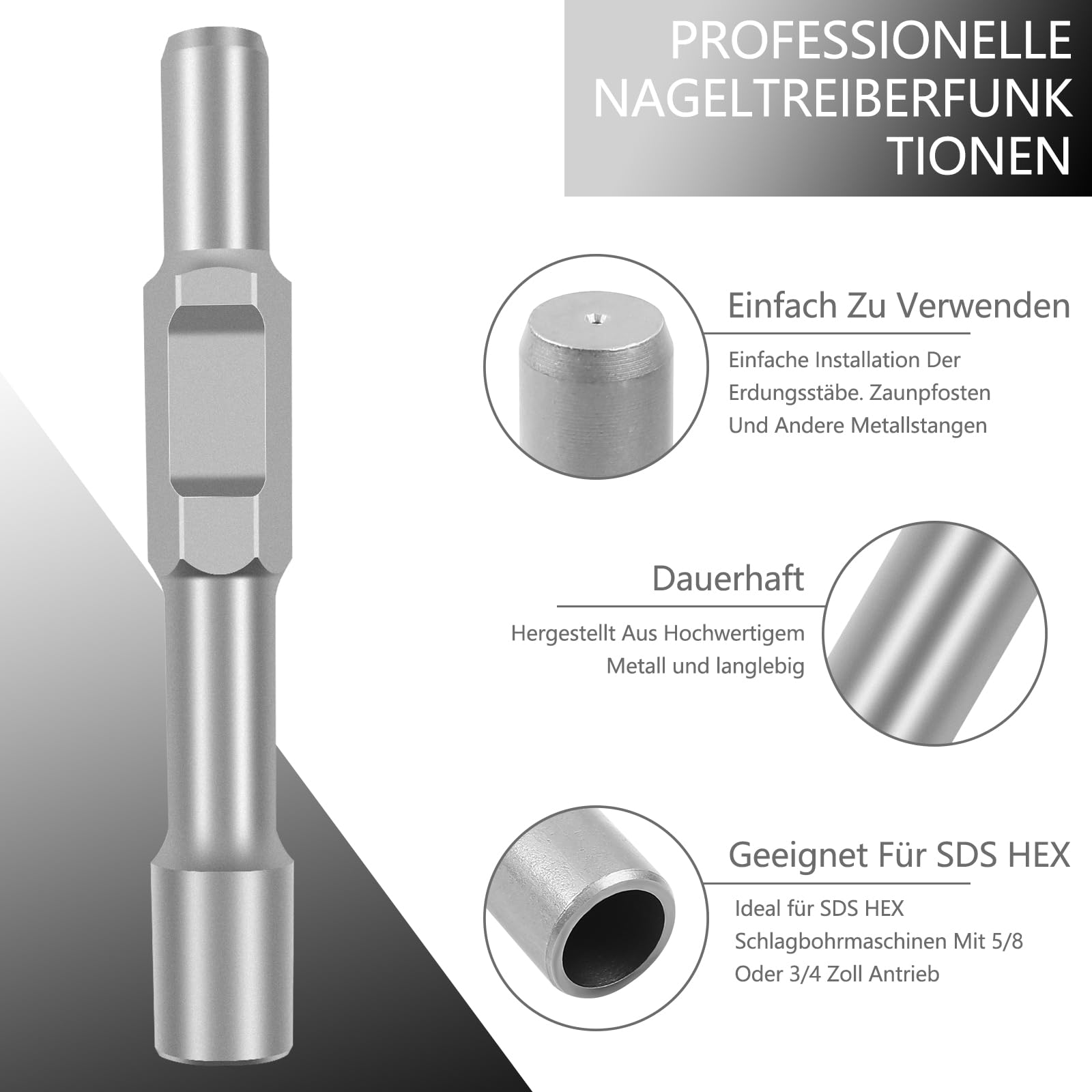 SDS HEX - Empujador de clavos para tierra, 257 mm, diámetro interior de 20,5 mm, diámetro exterior de 35 mm, para varilla de tierra, pincho de tierra