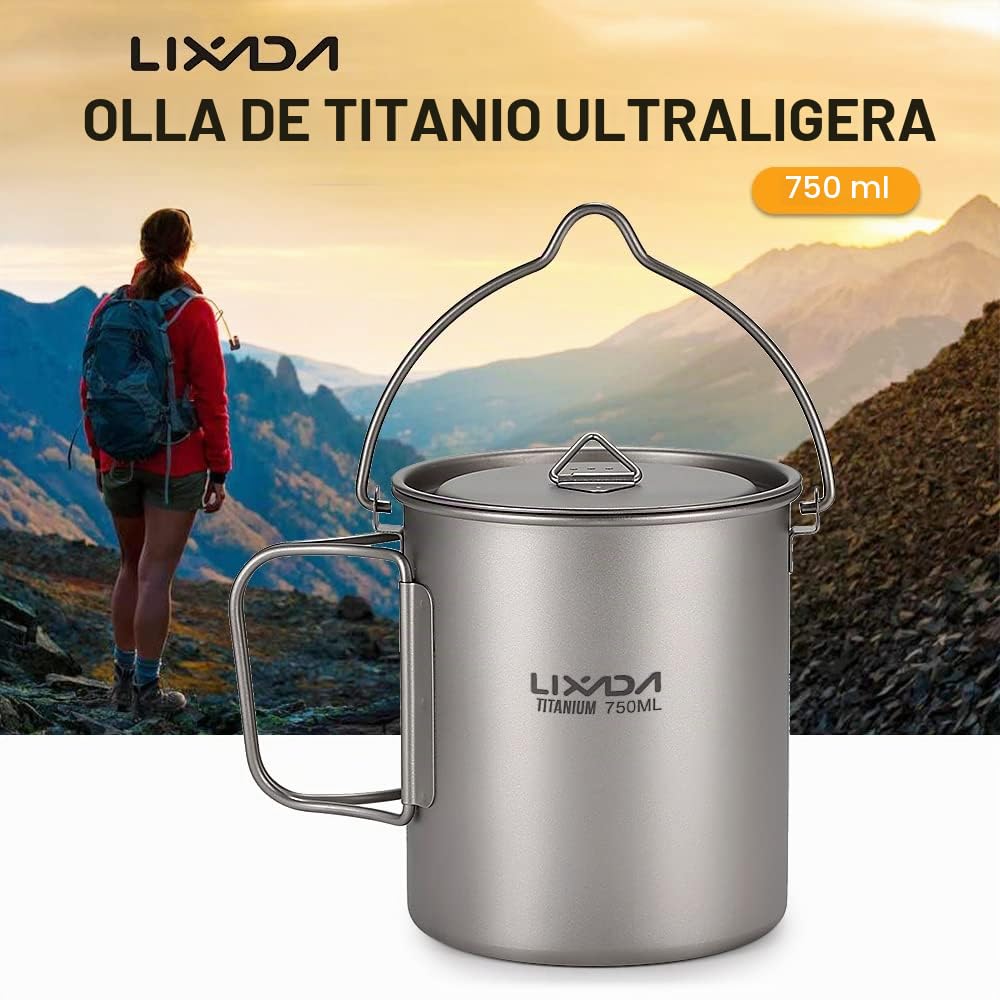 Lixada Titanium Cup Pot Ultralight Portable Cup Pot Colgante con Tapa y asa Plegable Camping al Aire Libre Senderismo 900ml