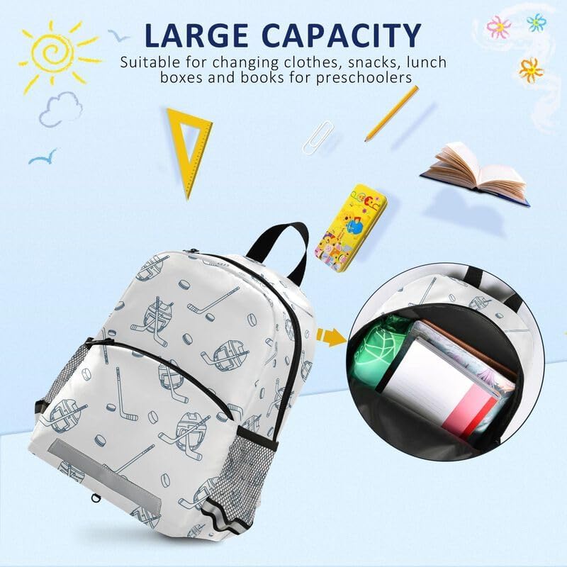 QUGRL Hockey Equipment Pattern Toddler Backpack for Boys Girls Kids School Backpack with Chest Strap Leash Preschool Schoolbag Nursery Kindergarten Bag for Daycare Travel Hiking School