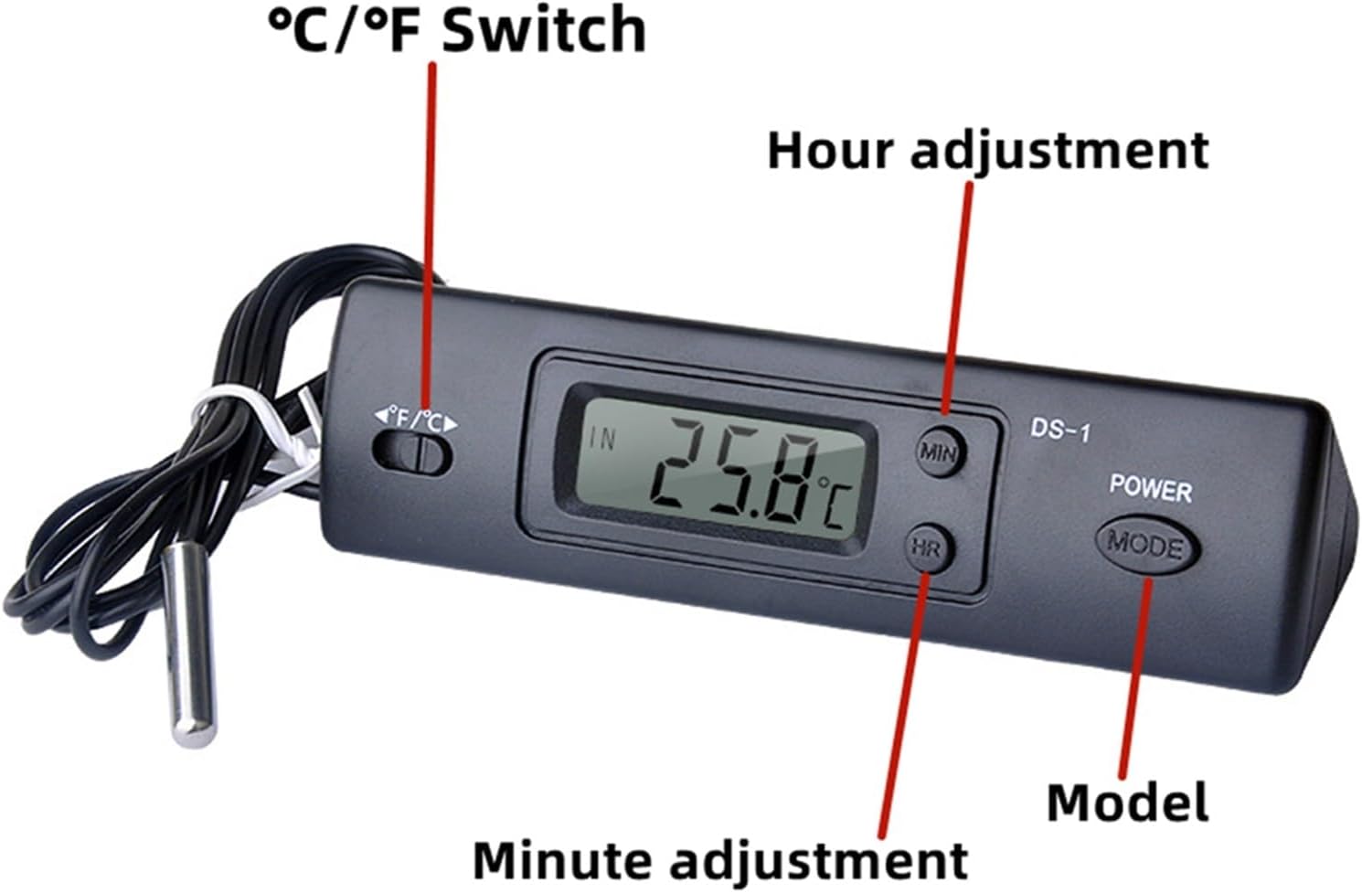 DS-1 Car Thermometer LCD Display C/F Clock Temperature Sensor Controller Indoor Outdoor Thermostat with Probe