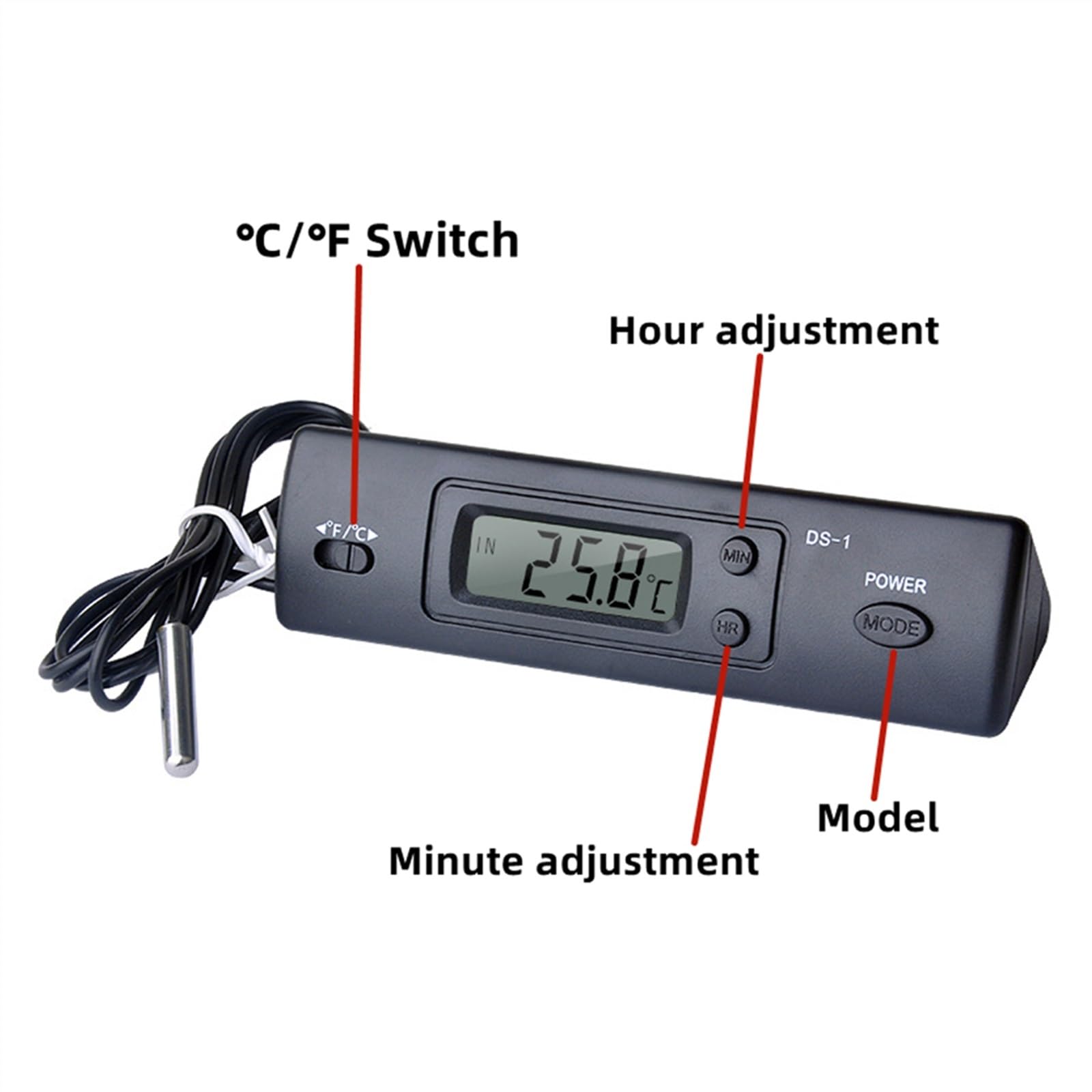 DS-1 termometr samochodowy wyświetlacz LCD C/F zegar czujnik temperatury kontroler termostatu wewnątrz i na zewnątrz z sondą