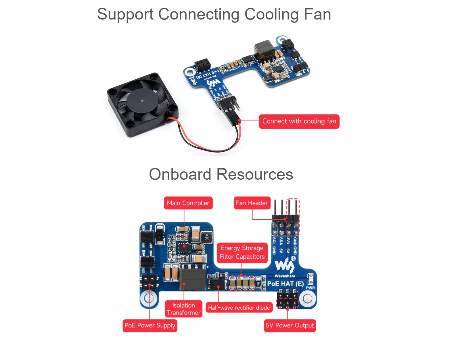 Waveshare POE Hat for Raspberry Pi 4B 3B+, IEEE 802.3af-Compliant,Power Over Ethernet Hat (E) Expansion Board for Raspberry Pi,5V Power Output