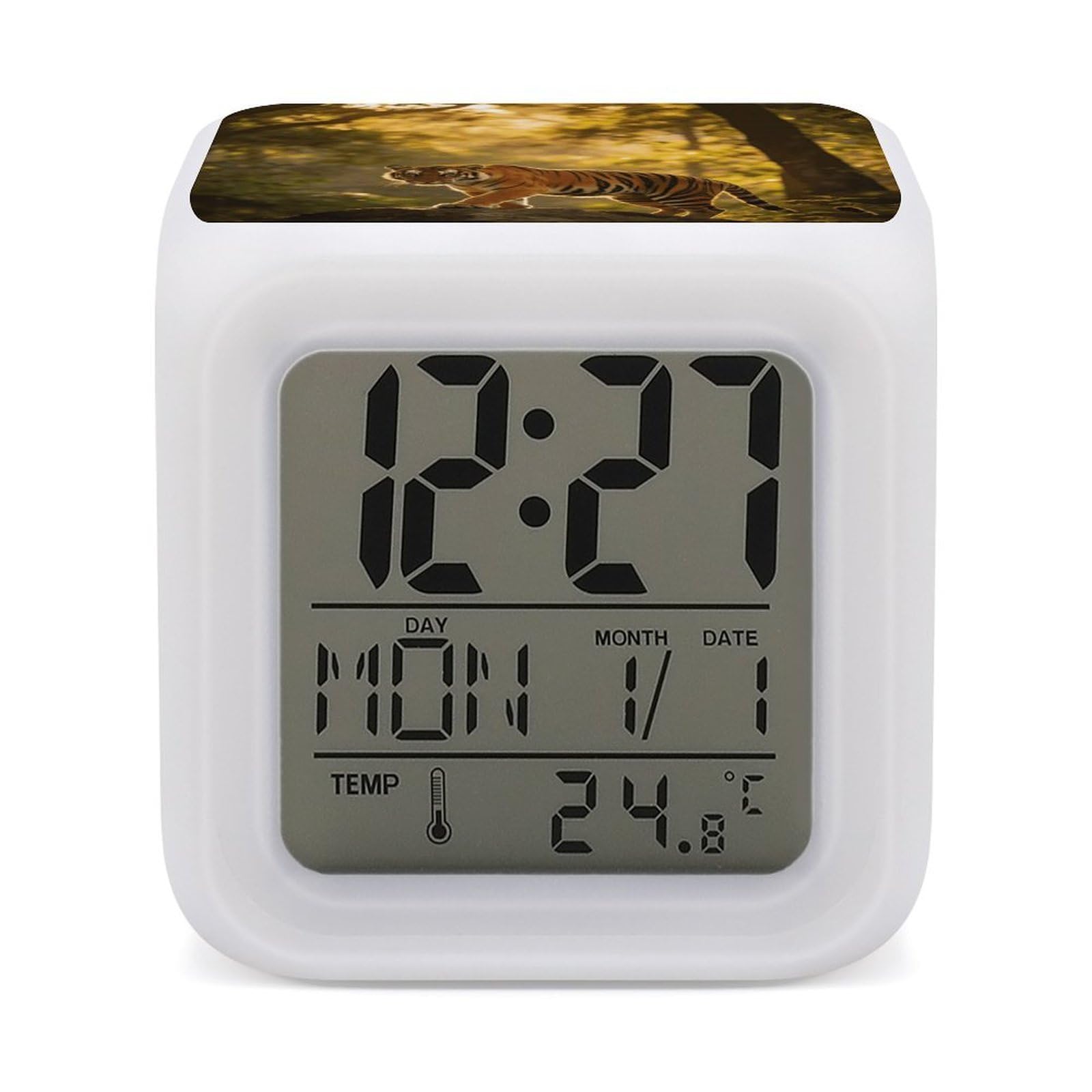LZQPOEAS Tiger Alarm Clock with 7 Color Changing Nightlight for Bedroom Calendar Temperature Display Wake Up Digital Clock Small Desk Clocks for Heavy Sleepers Adults