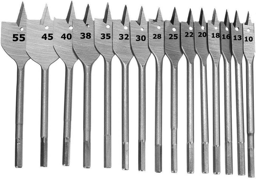 Woodworking Groove Spade Drill Bit Sets, Knugoua High Carbon Steel Paddle Flat Woodworker Drill Kits Hole Cutter, Set of 15, 13mm~55mm