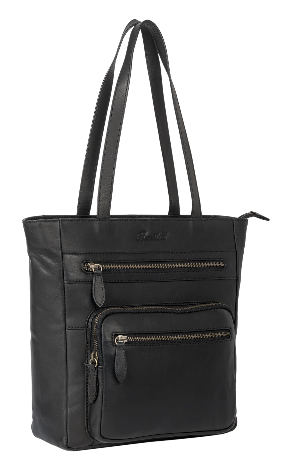 Benthill Schultertasche | Damen Echtleder Shopper, Vintage-Look, 26.5 × 29.5 × 10 cm, Schwarz