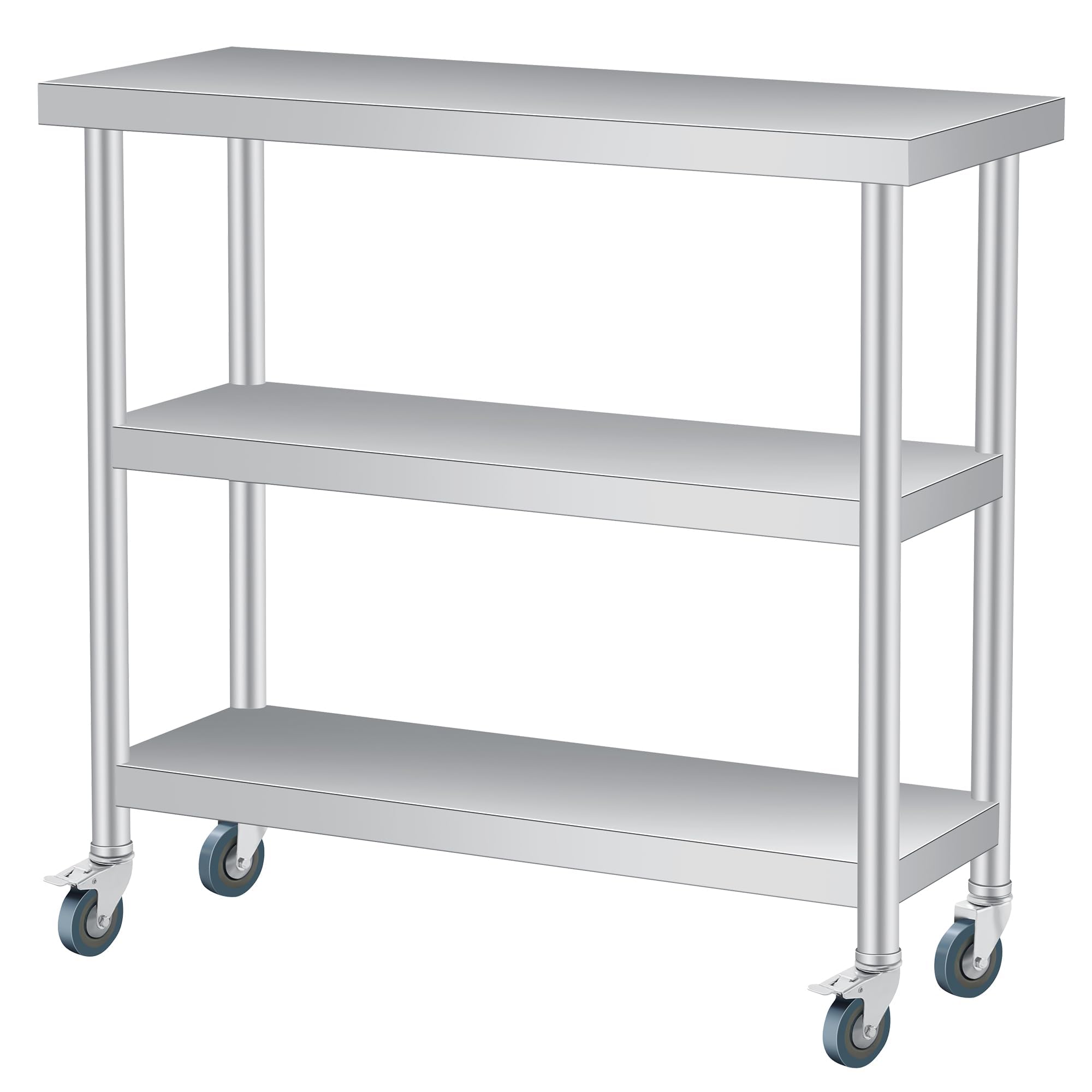 Acekool Table de Travail INOX Professionnelle 3 Niveaux 36 x 14 x 34 po - étagère de Rangement - roulettes verrouillables - Facile à Nettoyer, antirouille - pour Cuisine/Restaurant/hôtel/Atelier -