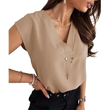 Lynwitkui Womens V Neck Chiffon Blouses Work Office Cap Sleeve Shirts Tops