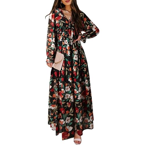 BLENCOT Womens Casual Boho Floral Printed V Neck Long Sleeve Long Maxi Dress Spring Summer Dresses